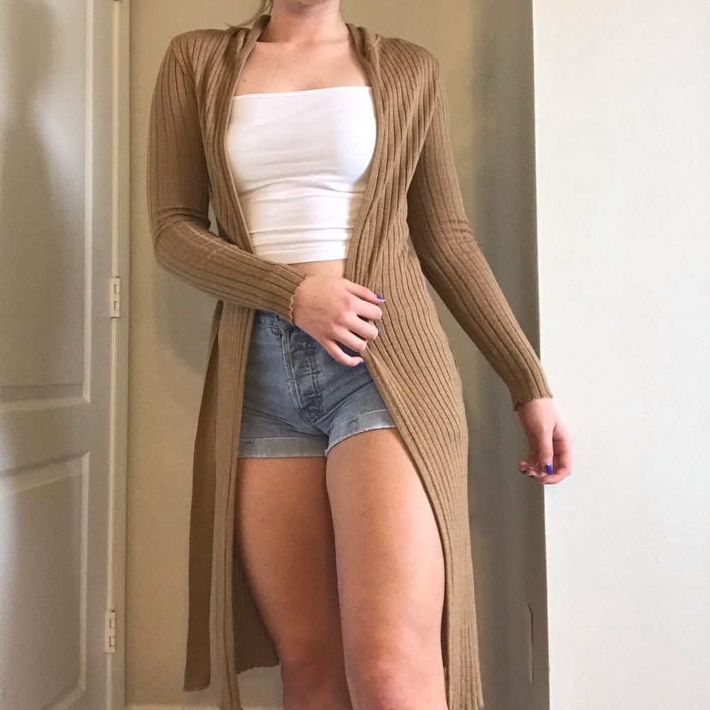 Long Tan Cardigan with Tie and Hood